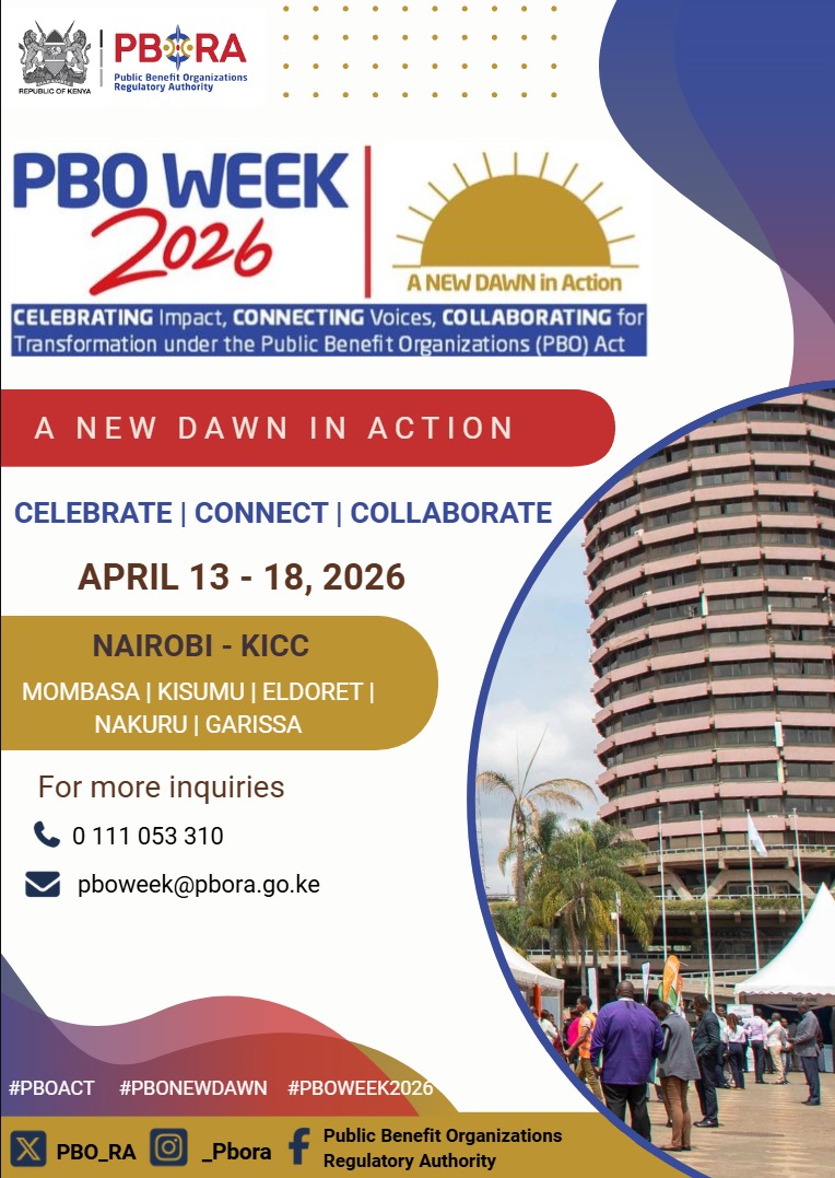 A poster inviting stakeholders to the PBO Week 2026 to be held from 13 April to 18 April 2026 at the KICC, Nairobi and in 5 regions in Kenya name Mombasa, Garissa, Nakuru, Eldoret and Kisumu.