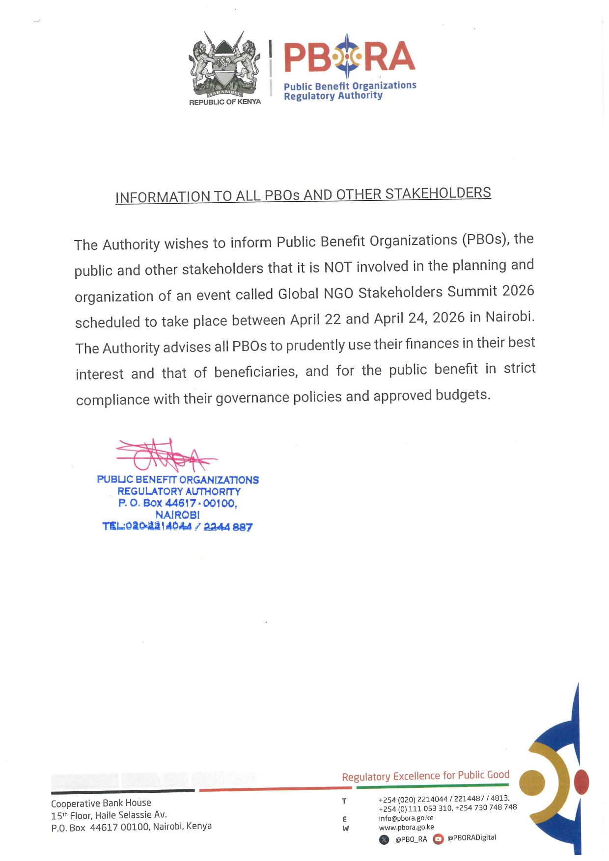 A public notice by PBORA to PBOs and the general public disassociating itself from the Global NGO Stakeholders Summit 2026 scheduled to take place between April 22 and April 24, 2026 in Nairobi.