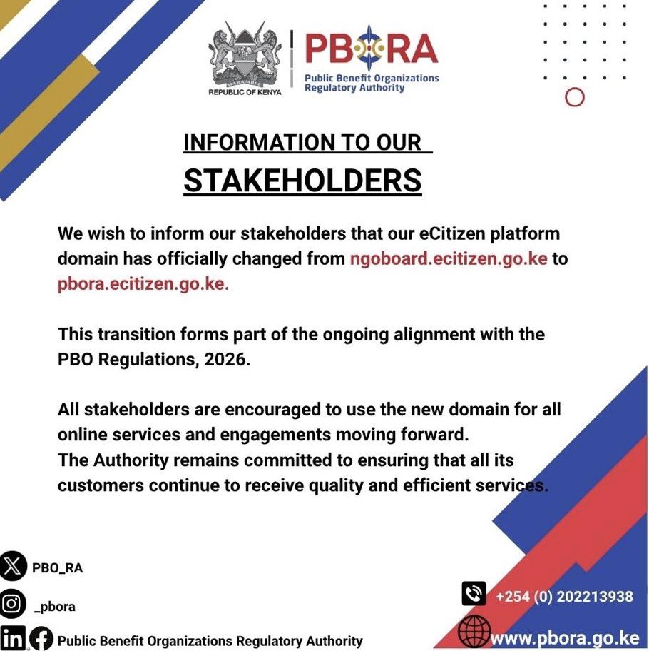 Public Notice notifying the public on the change of PBORA eCitizen domain from ngoboard.ecitizen.go.ke to pbora.ecitizen.go.ke