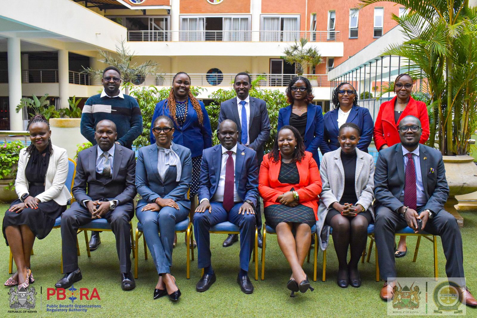 PBORA Director General, Dr Laxmana Kiptoo (middle front row) with members of the Public Benefit Organizations Disputes Tribunal during an induction session at the Mövenpick Hotel, Nairobi. Seated with him are the Registrar of Tribunals at the Judiciary, Hon Ann Asugah (third right) and the Chairperson of the PBO Disputes Tribunal, Hon Ann Nderu (third left).