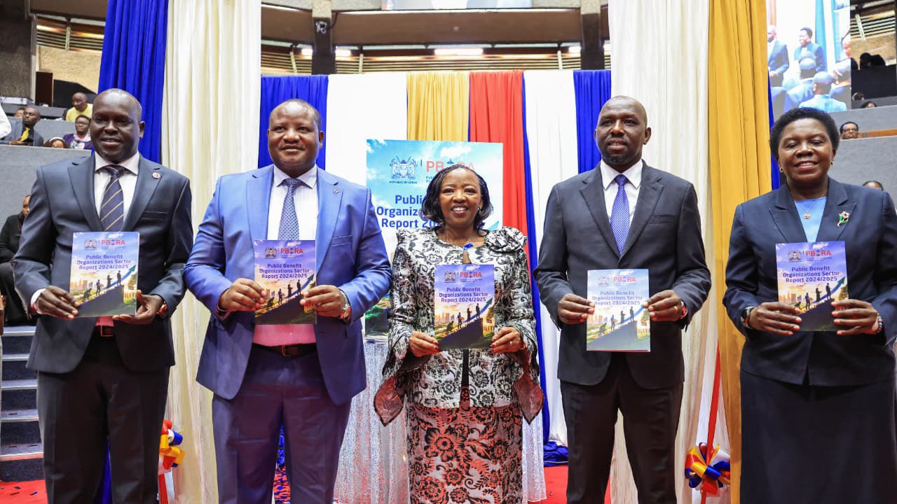 Left to right: PBORA Director General Dr. Laxmana Kiptoo, PBORA Board Chairman Hon. Mwambu Mabonga, First Lady H.E. Mrs. Rachel Ruto, Interior Cabinet Secretary Hon. Kipchumba Murkomen, and Principal Administrative Secretary Ms. Beverly Opwora display copies of the Annual PBO Sector Report 2024/25 after its launch at the KICC during the opening ceremony of the PBO Week 2026