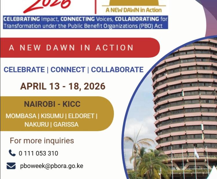 A poster inviting stakeholders to the PBO Week 2026 to be held from 13 April to 18 April 2026 at the KICC, Nairobi and in 5 regions in Kenya name Mombasa, Garissa, Nakuru, Eldoret and Kisumu.