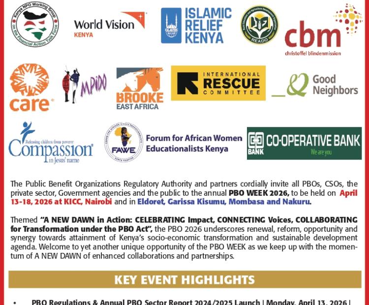 A poster advert by PBORA and several partners inviting stakeholders to the PBO Week 2026. It will be held from 13th to 18th April, 2026 at the KICC and in regional hubs in Eldoret, Garissa, Kisumu, Mombasa, and Nakuru.