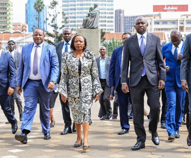 First Lady Mrs Rachel Ruto flanked by PBORA Chairman Hon. Mwambu Mabonga (left) and Interior CS Hon. Kipchumba Murkomen (right) arrive at the KICC for the launch of the PBO Week 2026