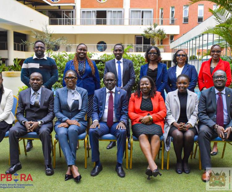 PBORA Director General, Dr Laxmana Kiptoo (middle front row) with members of the Public Benefit Organizations Disputes Tribunal during an induction session at the Mövenpick Hotel, Nairobi. Seated with him are the Registrar of Tribunals at the Judiciary, Hon Ann Asugah (third right) and the Chairperson of the PBO Disputes Tribunal, Hon Ann Nderu (third left).